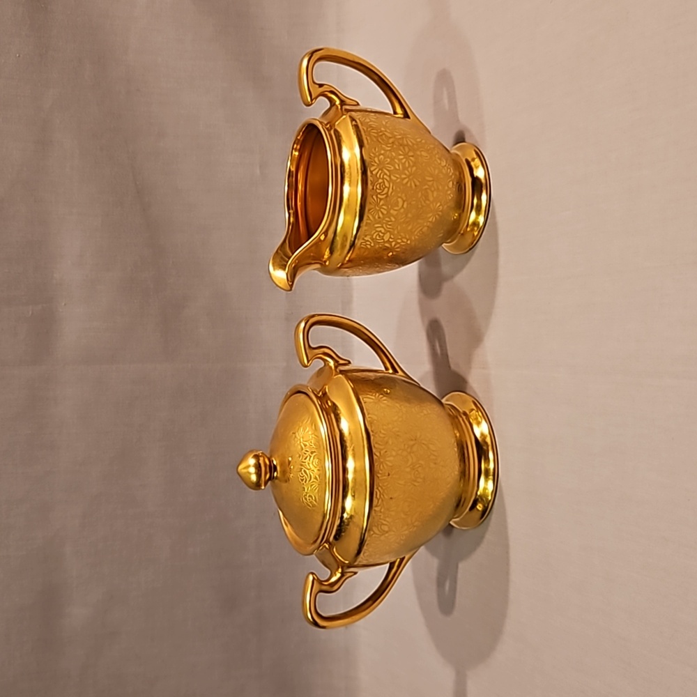Pickard Rose & Daisy Gold Creamer & Sugar Bowl w/Lid